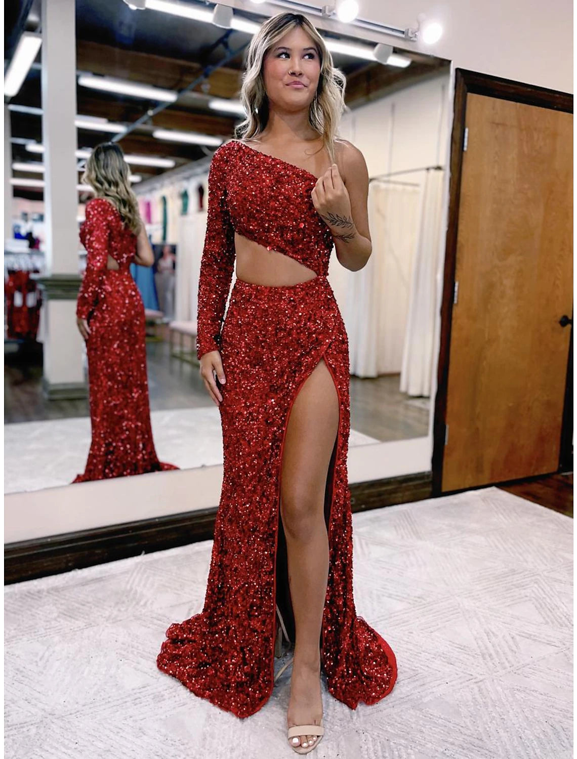 Wholesale  Mermaid / Trumpet Prom Dresses Sparkle & Shine Dress Formal Wedding Party Court Train Long Sleeve One Shoulder Sequined Backless with Sequin Slit